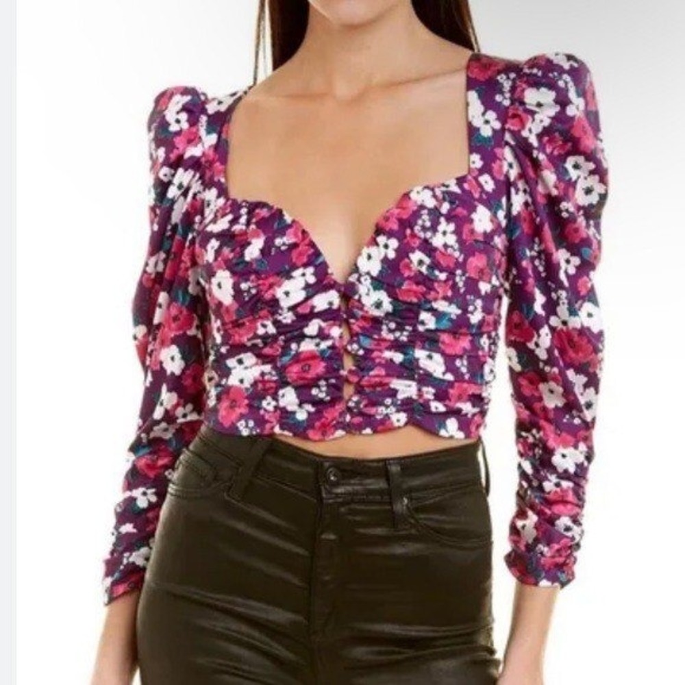 For Love & Lemons Penny Purple Floral Ruched Puff Sleeve Crop Top Small Revolve